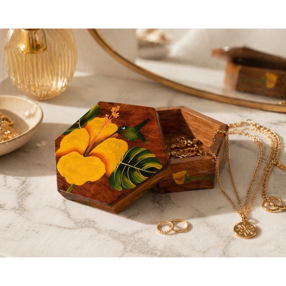 Vintage Tropical Hibiscus Wood Trinket Box • Hand Painted • Coastal Decor